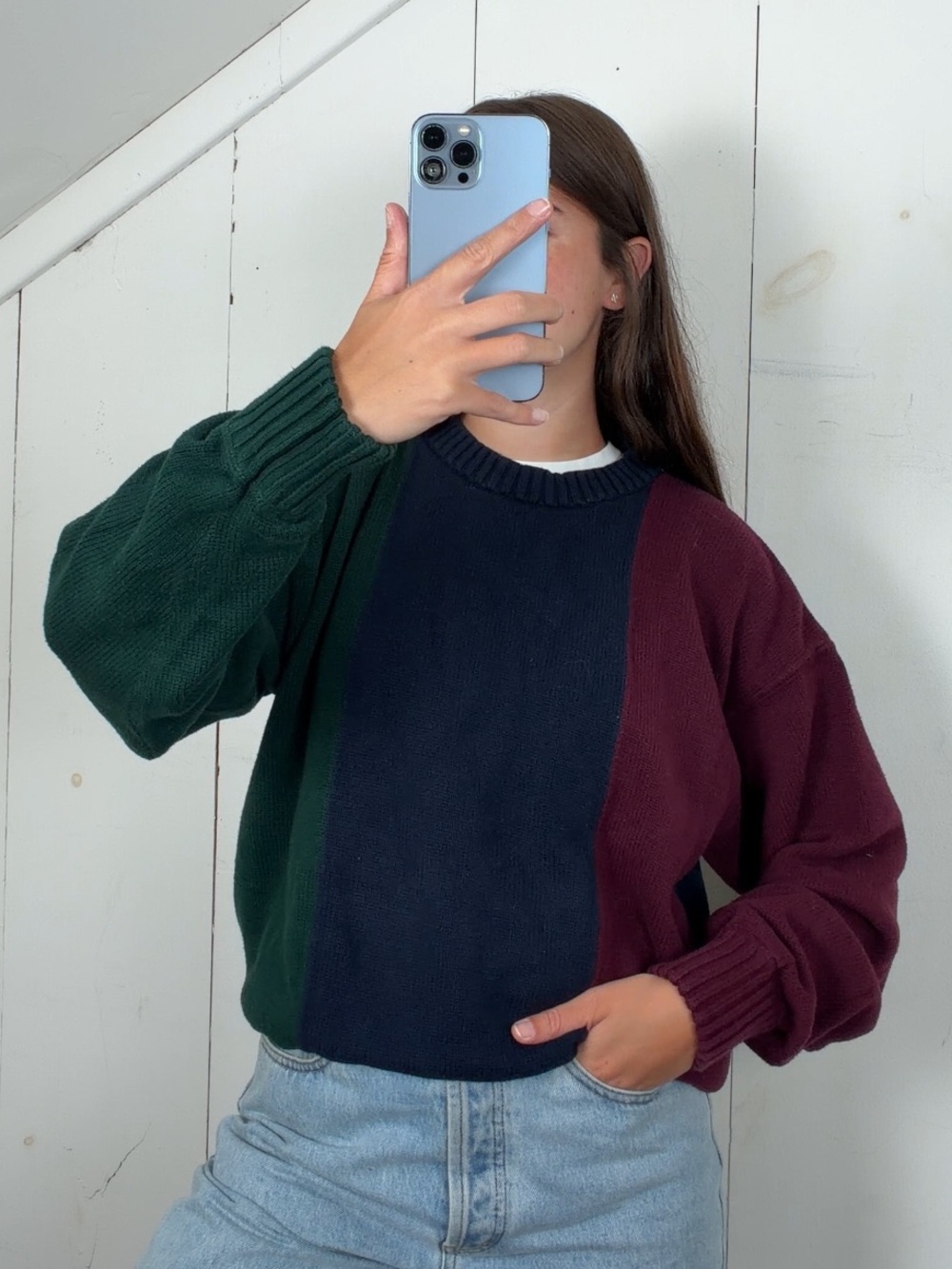 Vintage Jansport Navy Red Green Colorblock Crewneck Pullover Sweater Men’s Large